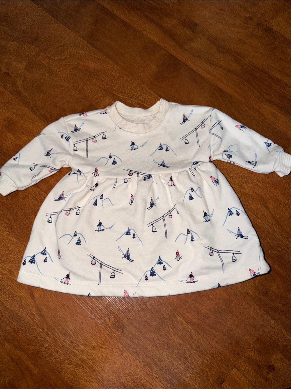 Cream Ski-Print Long Sleeve Dress for Kids